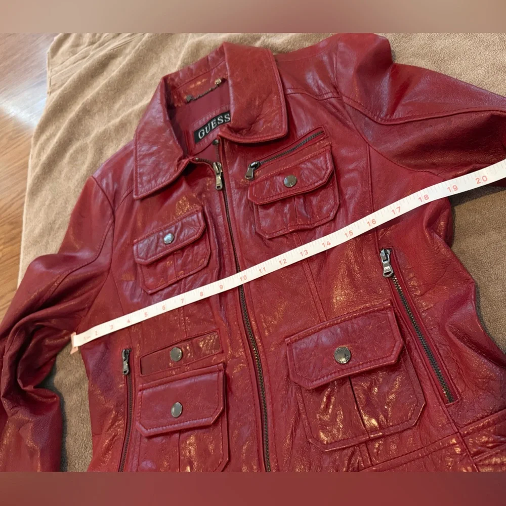 Women's Vintage Guess Los Angeles Maroon Red Leather Jacket Multi Pockets Large - Picture 12 of 15